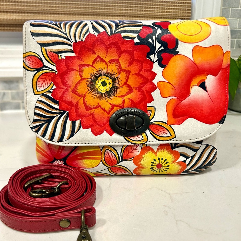Anuschka Hand Painted Leather Floral Passion  Crossbody Bag